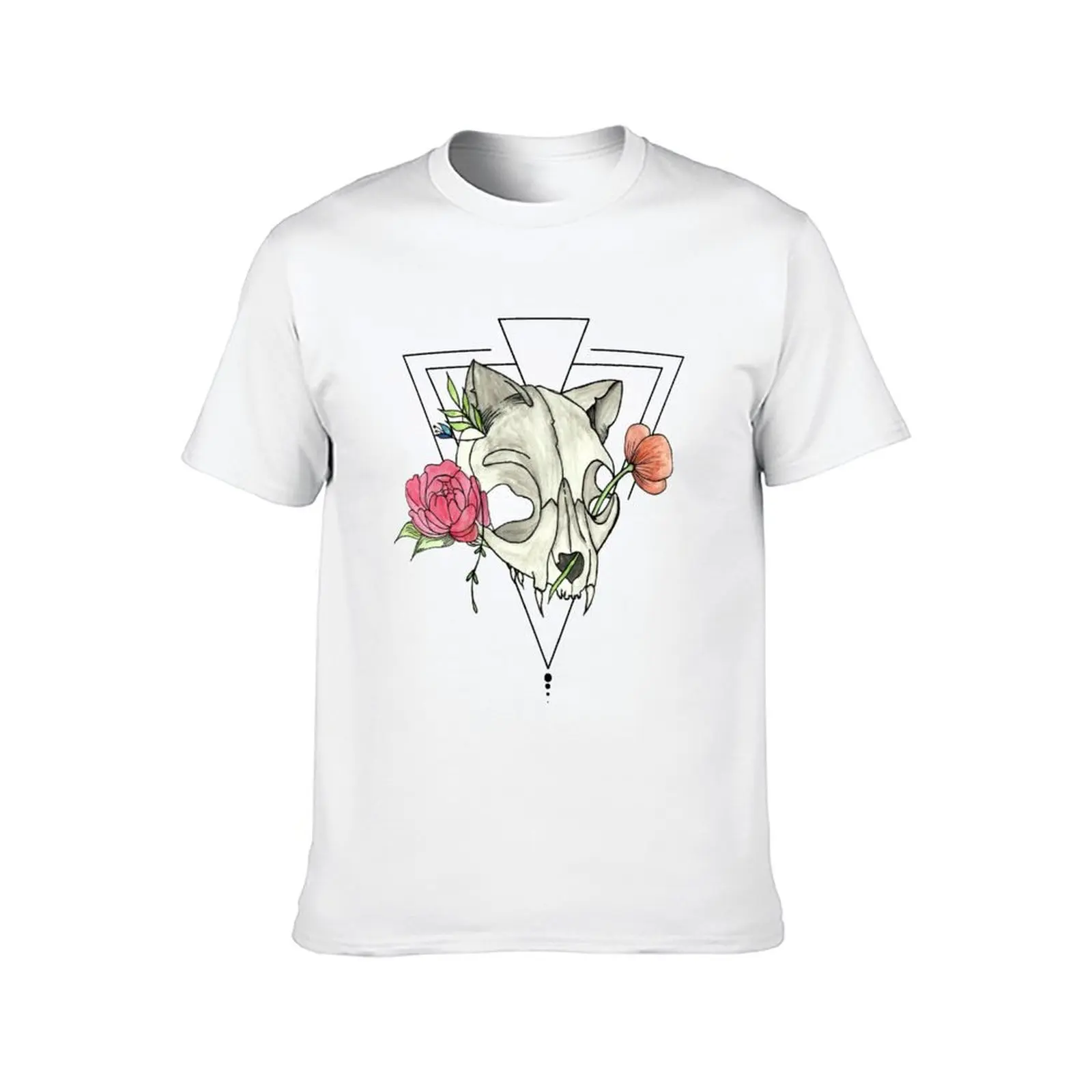 Cat Skull with Flowers and Geometric Shapes T-Shirt new edition graphic tee shirt t shirt men 100℅ cotton