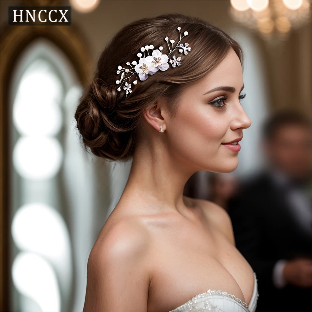 HNCCX Bridal Hair Combs Organza Flowers Hair Accessories Shining Rhinestone Bride Headdresses Pearl  Headpiece For Party CP151