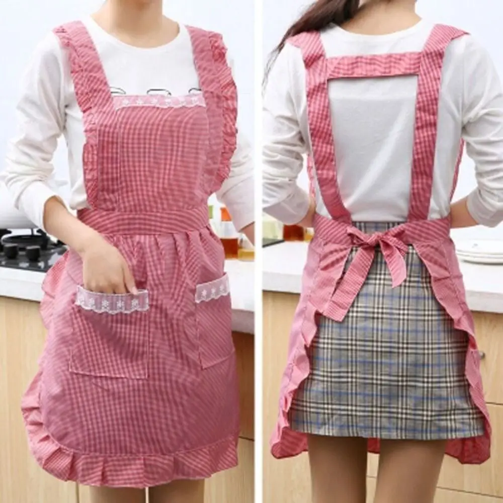 Pink Adjustable Ladies Cooking Lace Kitchen Work Clothes Apron with Pockets Princess Skirt