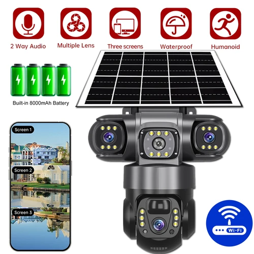 Cámara Solar WiFi, 3 lentes, 3 vídeo de monitoreo V380 Pro, cámaras PTZ alimentadas por Solaire de 15MP, Monitor de vigilancia IP impermeable para exteriores