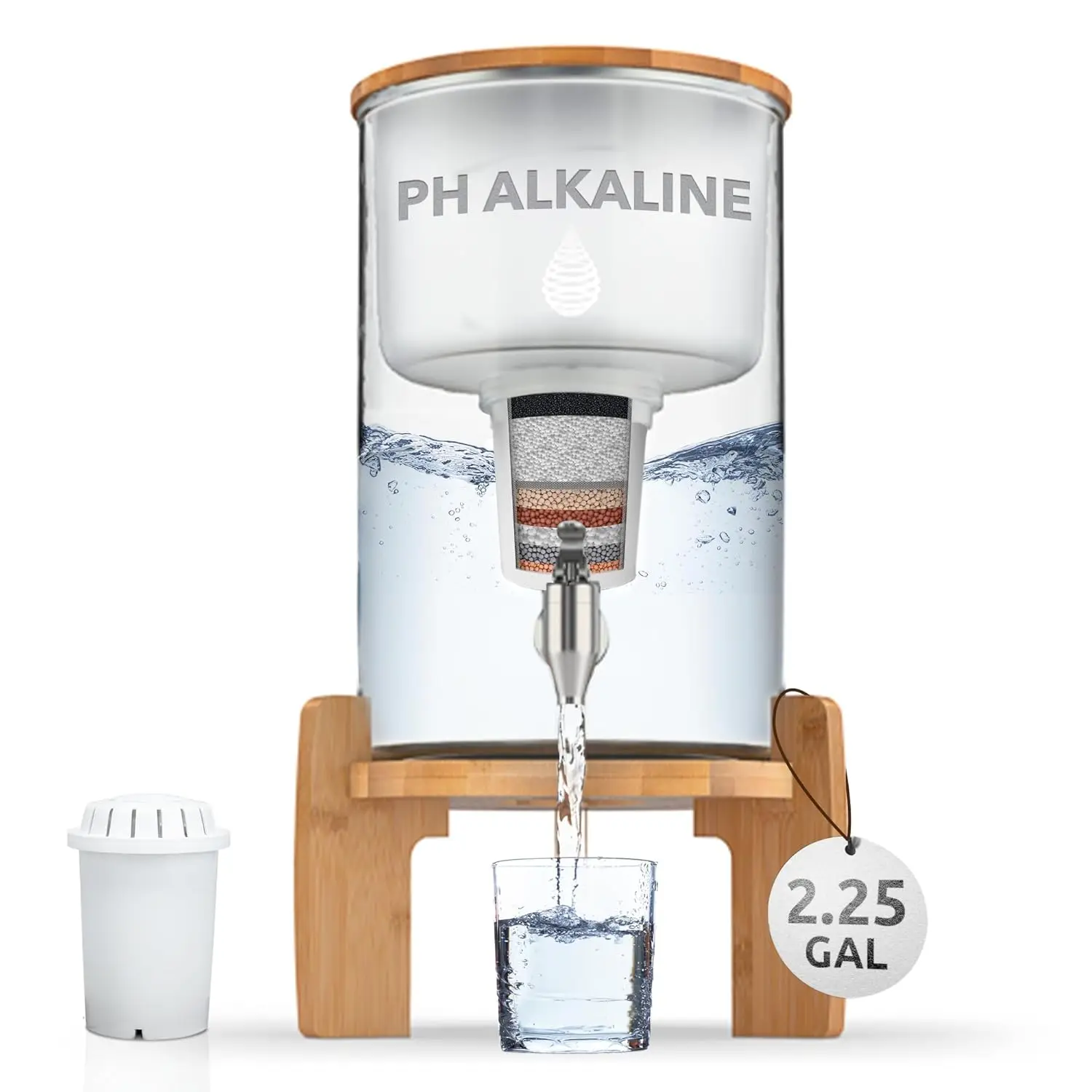 

Alkaline Water Dispenser Pitcher - 36 Cups Glass Countertop Filter for Home Office, High pH Pure Drinking Water Filtration System