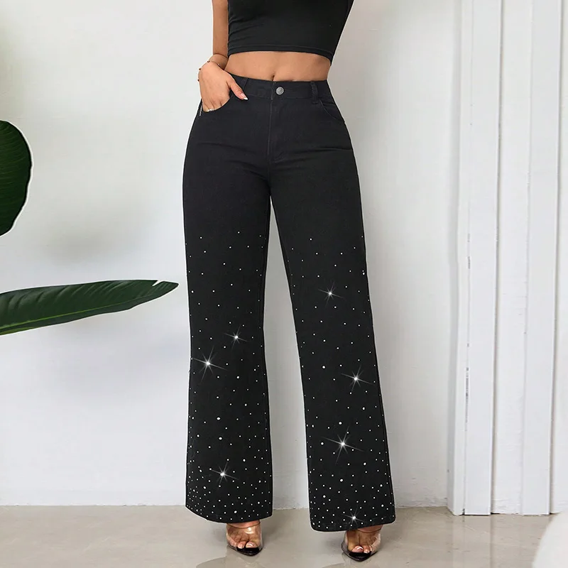 Benuynffy Women's Street Loose Diamonds Straight Jeans 2025 New Retro Mid Waisted Female Casual Black Wide Leg Denim Trousers