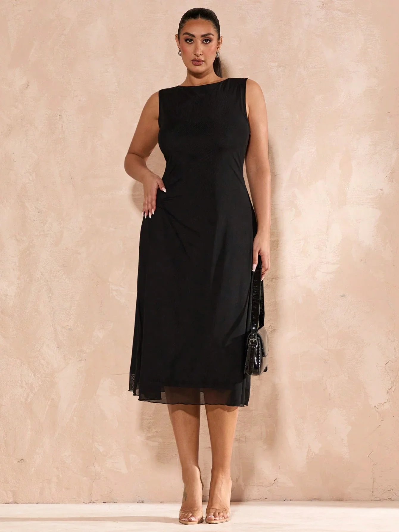 

Plus Size Women Black Mesh Elegant Mid-Length Bodycon A-Line Dress For Party Night Out