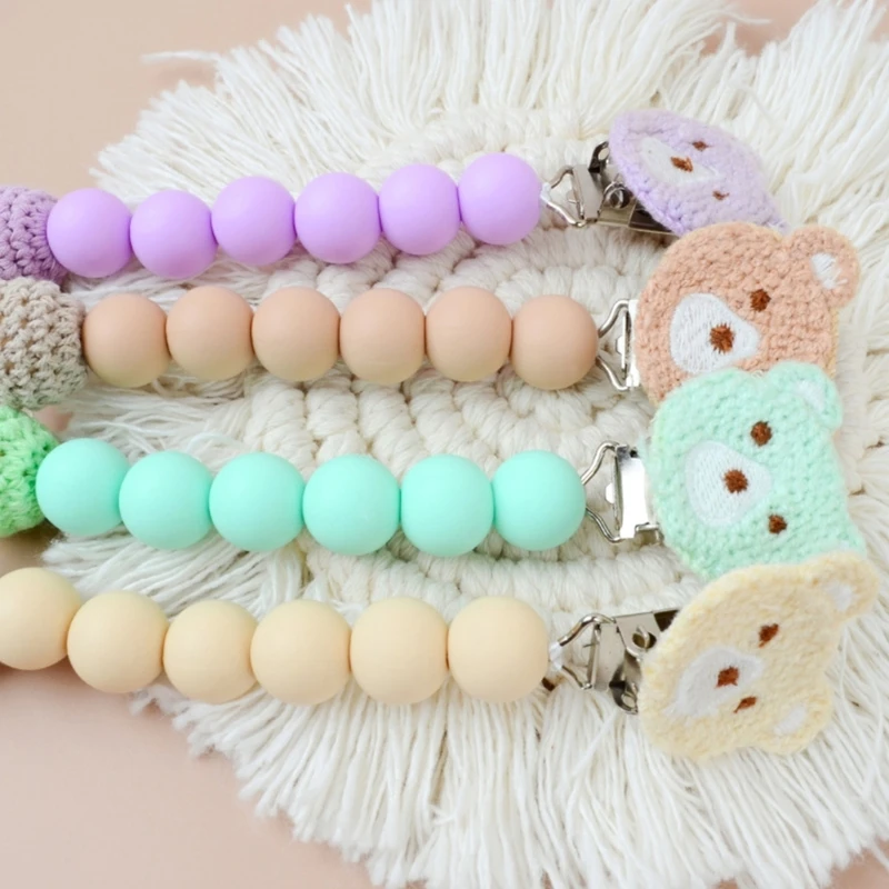 BPA Free Food Grade Silicone Baby Pacifier Clip Chains Soft Silicone Beads Cartoon Bear Newborn Nipple Clips Soother Holder