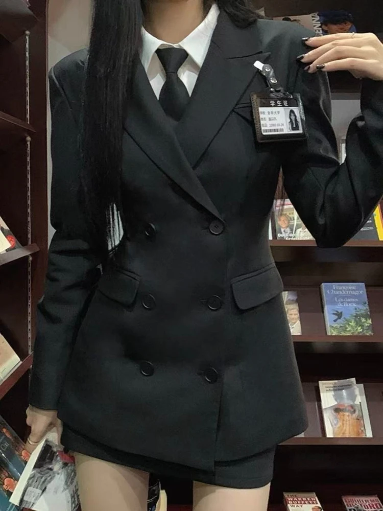 

Korean Drama Preppy JK Uniform Blazer Suit Women Black Coat + Waist Slim Shirt + Bodycon Skirt Elegant Three Piece Set 2026 New
