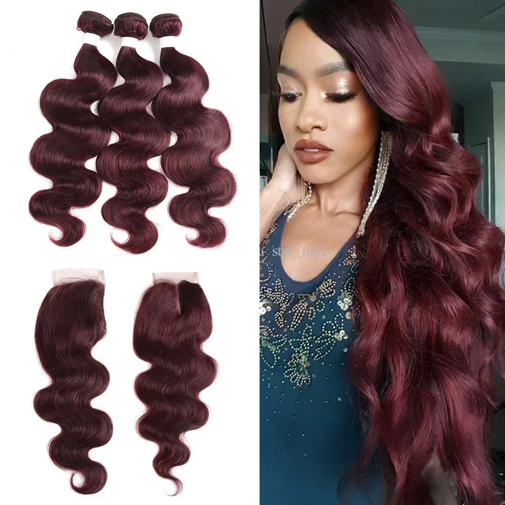 Body Wave Human Hair Bundles With Closure 99J/Burgundy Red Hair Weave Bundles With Lace Closure Brazilian Remy Hair 3PCS