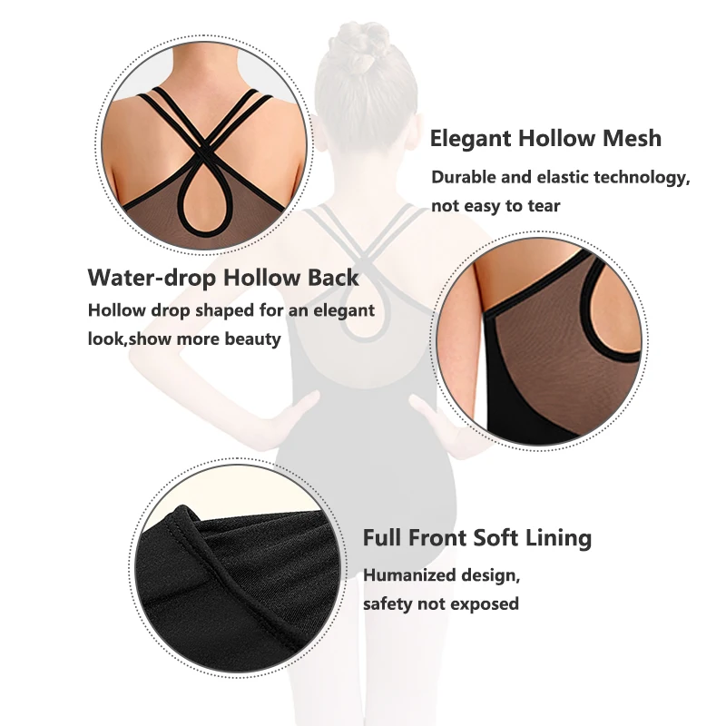 Girls Ballet Leotard Kids Mesh Crisscross Back Dance Bodysuit  Double Shoulder Straps  Full Front Lining image 4