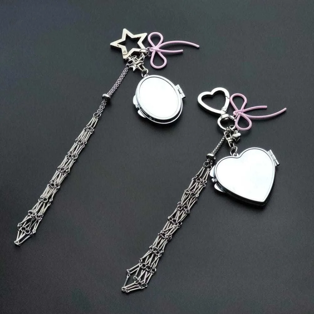 

Fashion Pendant Keychain Pink Silver Bow Stainless Steel Net Pocket Lipstick Lip Balm Bag Keyring Y2K Mirror Key Chain Ring Gift