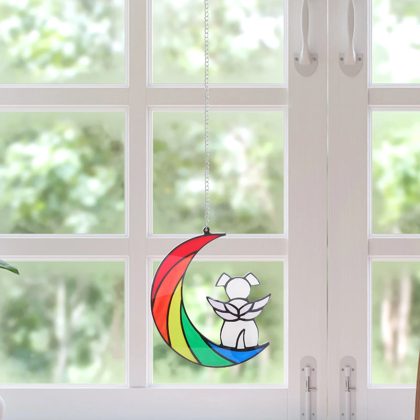 

Dog on Moon Acrylic Window Hanging Decorative Pendant for Home Wall Door Fireplace Stairway Indoor Outdoor Decor