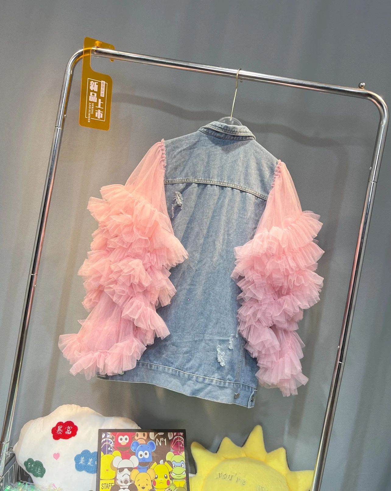 Spring Women Love Diamonds Beaded Denim Vest Rhinestones Mesh Ruffles Sleeve Jeans Jacket Gauze Spliced Cowboy Cardigan Chaqueta