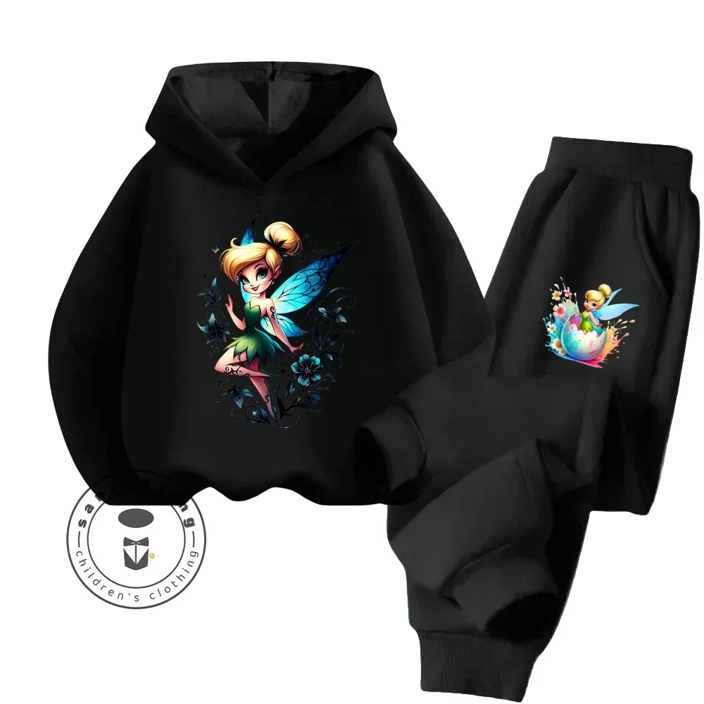 2024 New Disney Cartoon Tinker Bell Kawaii Cute Wear High Quality Breathable Hoodie + Pants Fall Winter Children\'s Tracksuit