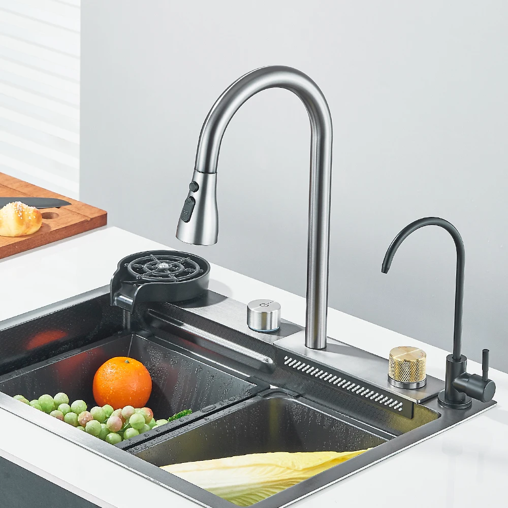 

Waterfall Kitchen Sink 201 Stainless Steel Sink Large Single basin With Large Single Slot Sink Above Counter With Cup Disher