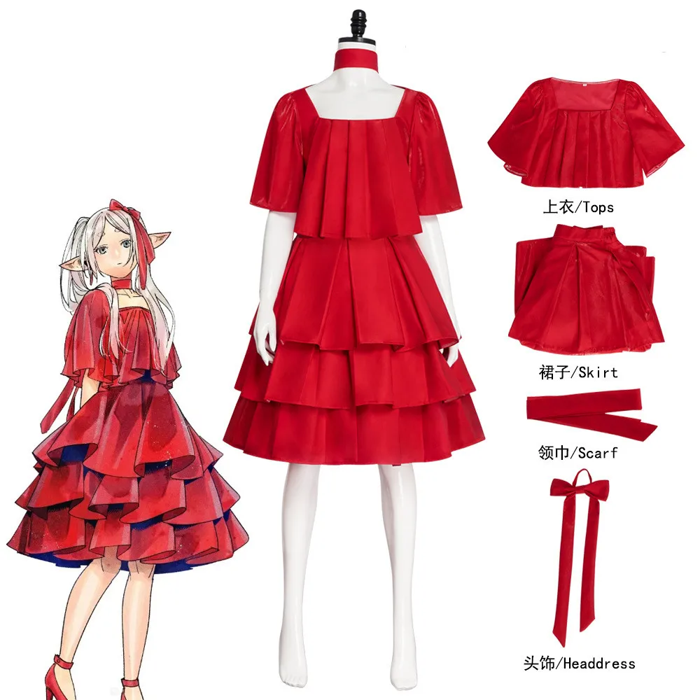 

Anime Frieren Beyond Journey End Cosplay Costume Frieren Red Dress Outfit Halloween Carnival Party Suit Custom Made