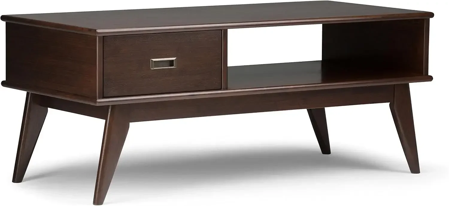 Draper SOLID HARDWOOD 48 inch Wide Rectangle Coffee Table in Medium Auburn Brown, for the Living Room and Family Room