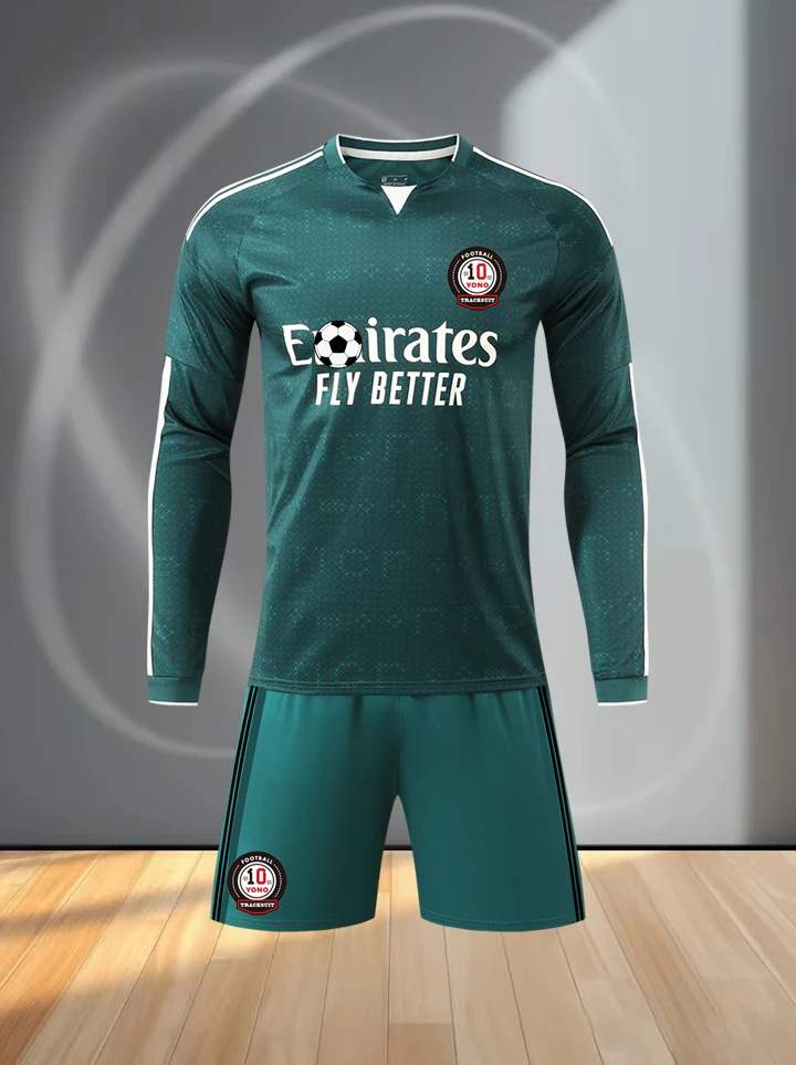 Men Dark Green Long Sleeve Football Jersey Set Soccer Uniform Quick Dry Breathable Shirt Shorts Kit For Training Match