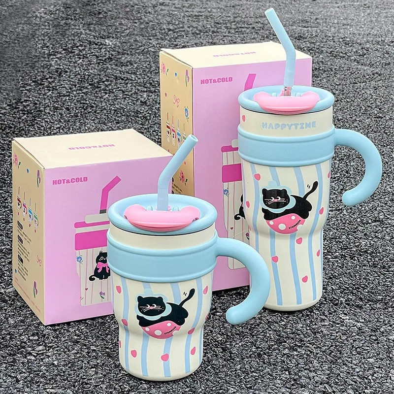 316 inner liner Cute Cat Insulated Cup Outdoor Travel Portable Large Capacity Ice Cup 700ML/1200ML Car Cup with Handle and Straw
