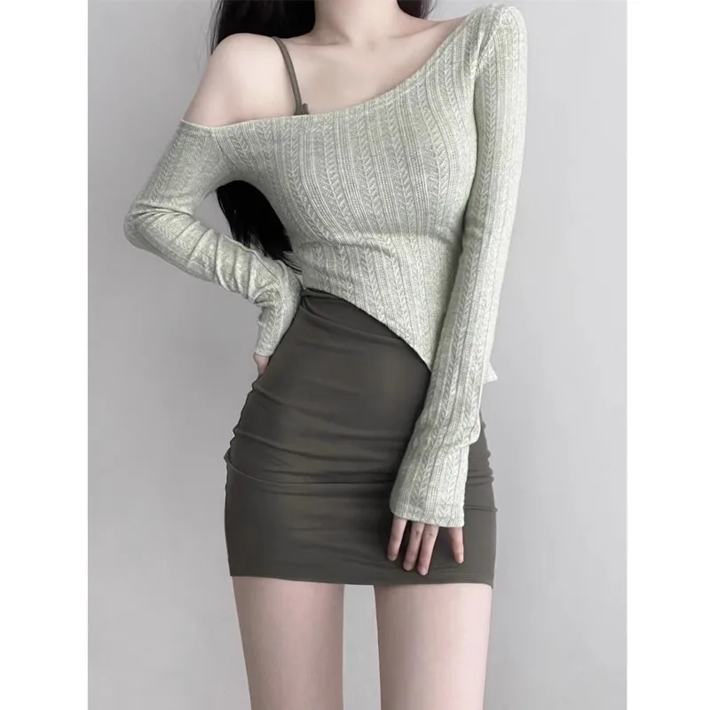 

Sexy Cute Pure Desire Slim Fit Long Sleeve Camisole Dress Spring Autumn New Knit Top Fashion Set Bodycon Mini Skirt