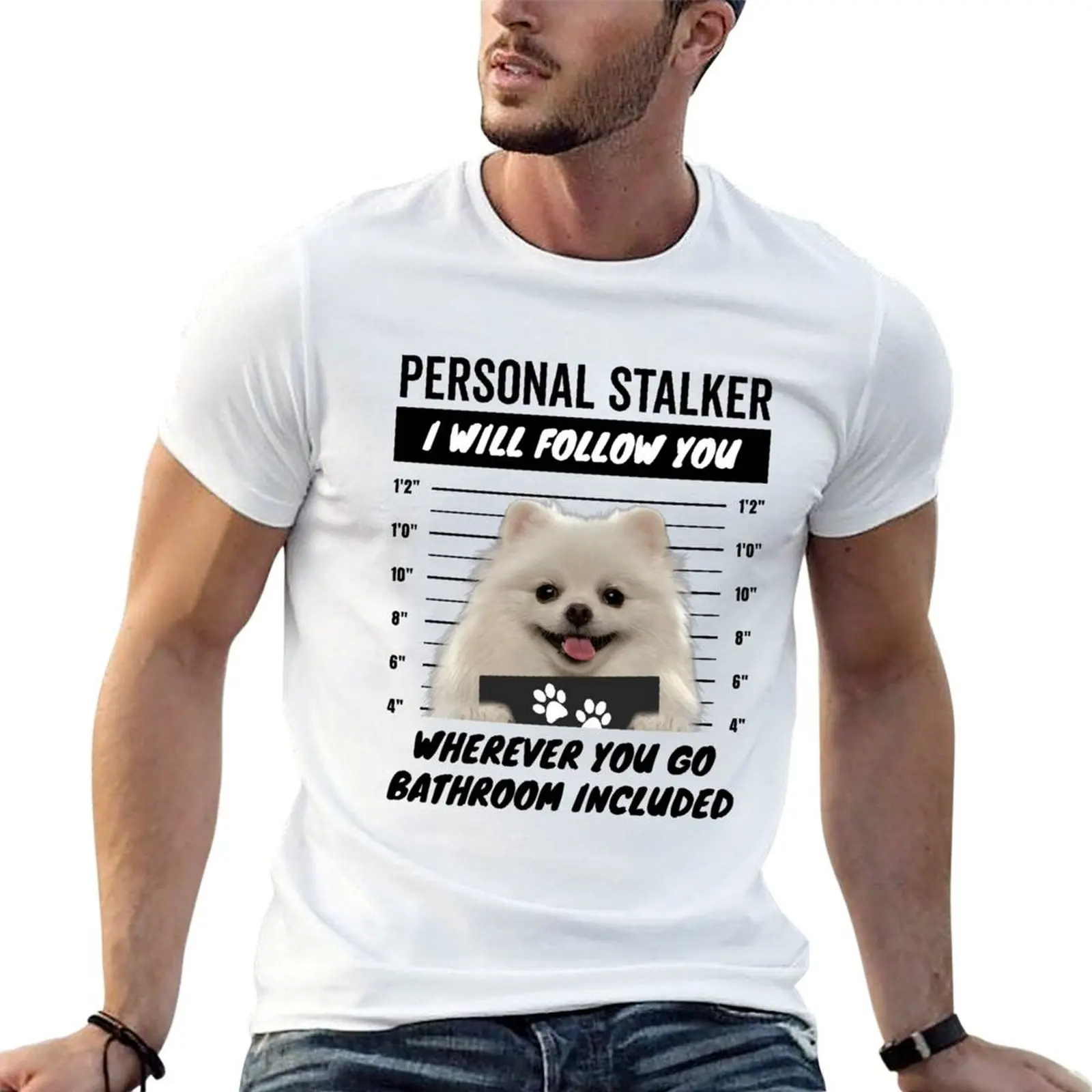 

Personal Stalker Dog – White Teacup Pomeranian T-Shirt anime clothes customs design your own men t shirts high quality