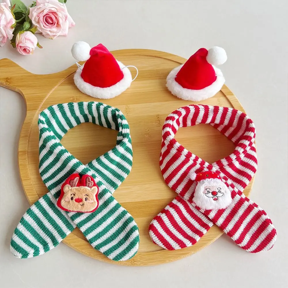 Red Green Stripe Pet Christmas Scarf Soft Material Warm Lining Cat Knitted Scarf Cartoon Pattern Christmas Set Pet Neck Warmer