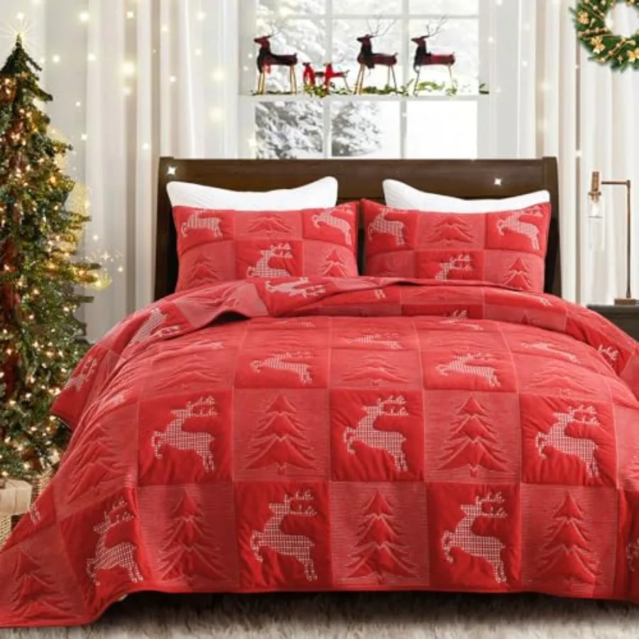 

Christmas Quilt Set King Size 3 Pieces Velvet Quilt Set with Xmas Tree Reindeer Pattern Soft Lightweight Christmas Bedspread Co
