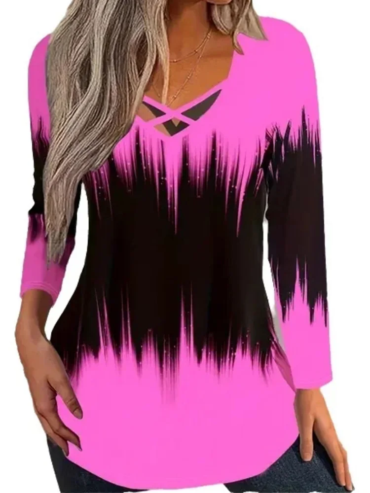 Plus Size Casual V-Neck T-Shirt with Cross Strap Detail Geometric Print Polyester Knit Fabric with Spandex for Spring/Fall