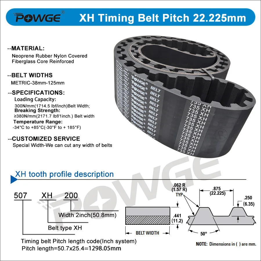 POWGE XH Timing belt Lp= 945 950 963 980 1000 1025 1050 1120 1260 1304 1348 1356 1382 1400 1540 1575 1750 Width 38-125mm Rubber