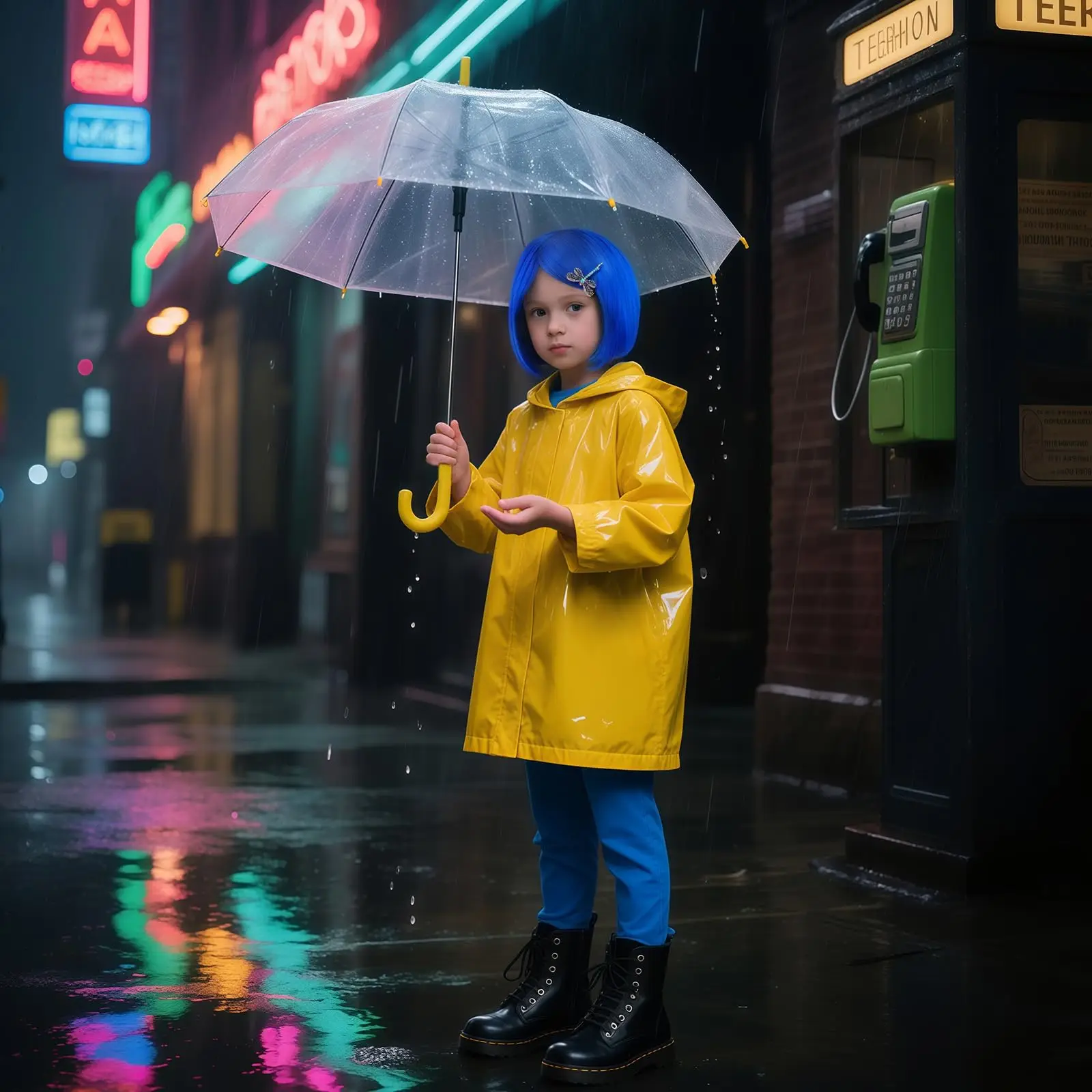 Girls Horror Moive Character Halloween Costume Waterproof Yellow Raincoat Jacket Blue Pants for Scary Anime Cosplay