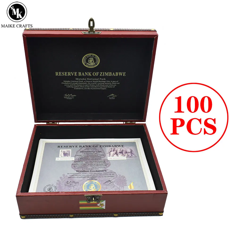 100pc/box Zimbabwe Nonillon Containers 30 Zero Zimbabwe Banknotes Certificate with Serial Number Banknotes and UV Security Label