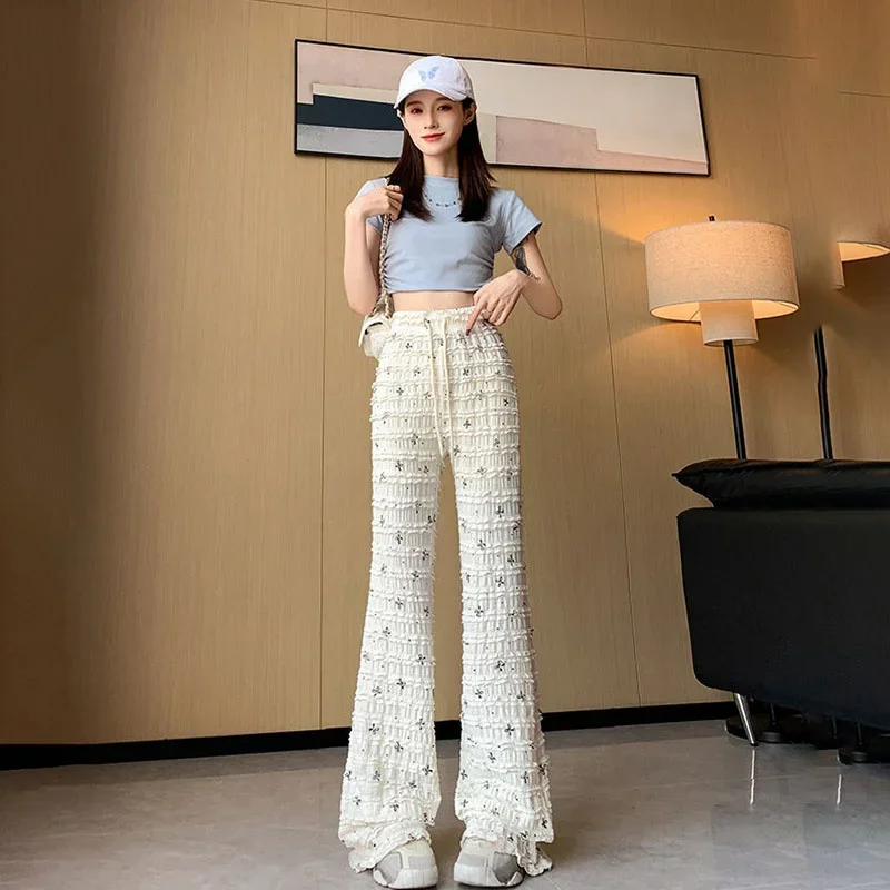 Spring Summer Lace Pants 2024 New Elastic High Waist Bow Print Micro-La Fashion Pants Women Black White Elastic Waist Trousers