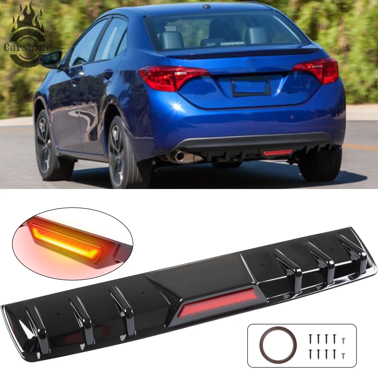 

Rear Bumper Diffuser Splliter Lip LED Brake Light Glossy Black For ToyotaCorolla