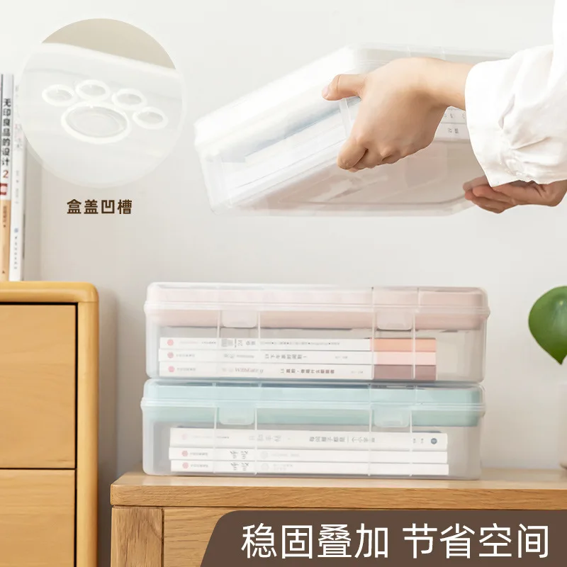 Bear Stationery Storage Box Student Desktop Sundries Grid Double-layer Transparent Plastic Storage