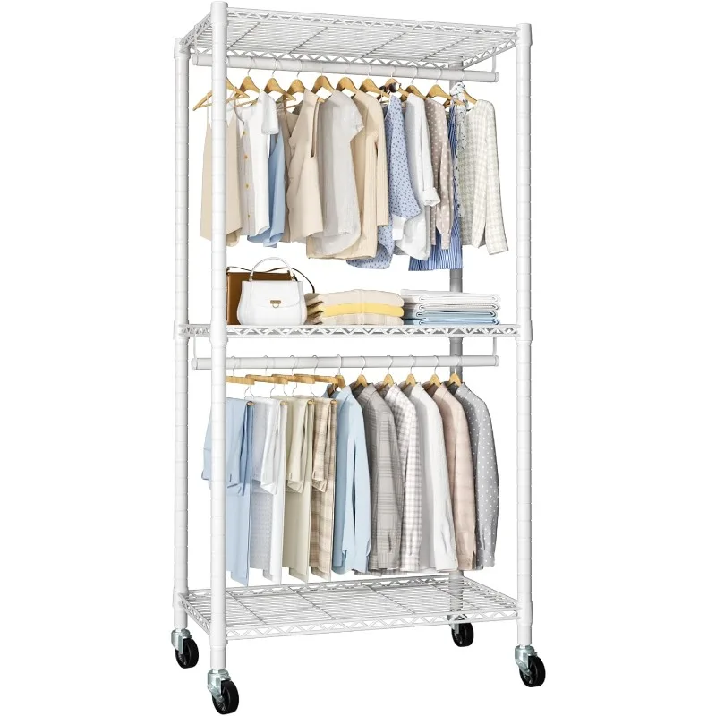 P2 Portable Closets, Rolling Heavy-Duty Garment Rack, 3 Tiers Metal Closet Wardrobe System, Clothes Organizers and Storage