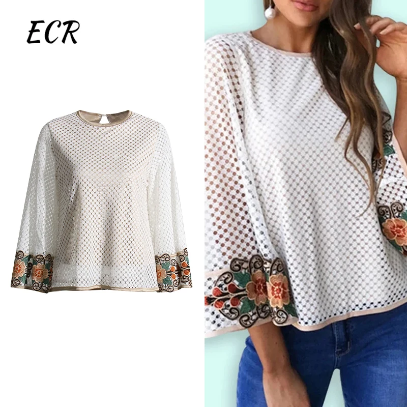 ECR Hollow Out Patchwork Embroidery T Shirt For Women Round Neck Flare Sleeve Streetwear Loose Pullover T Shirts Female Style