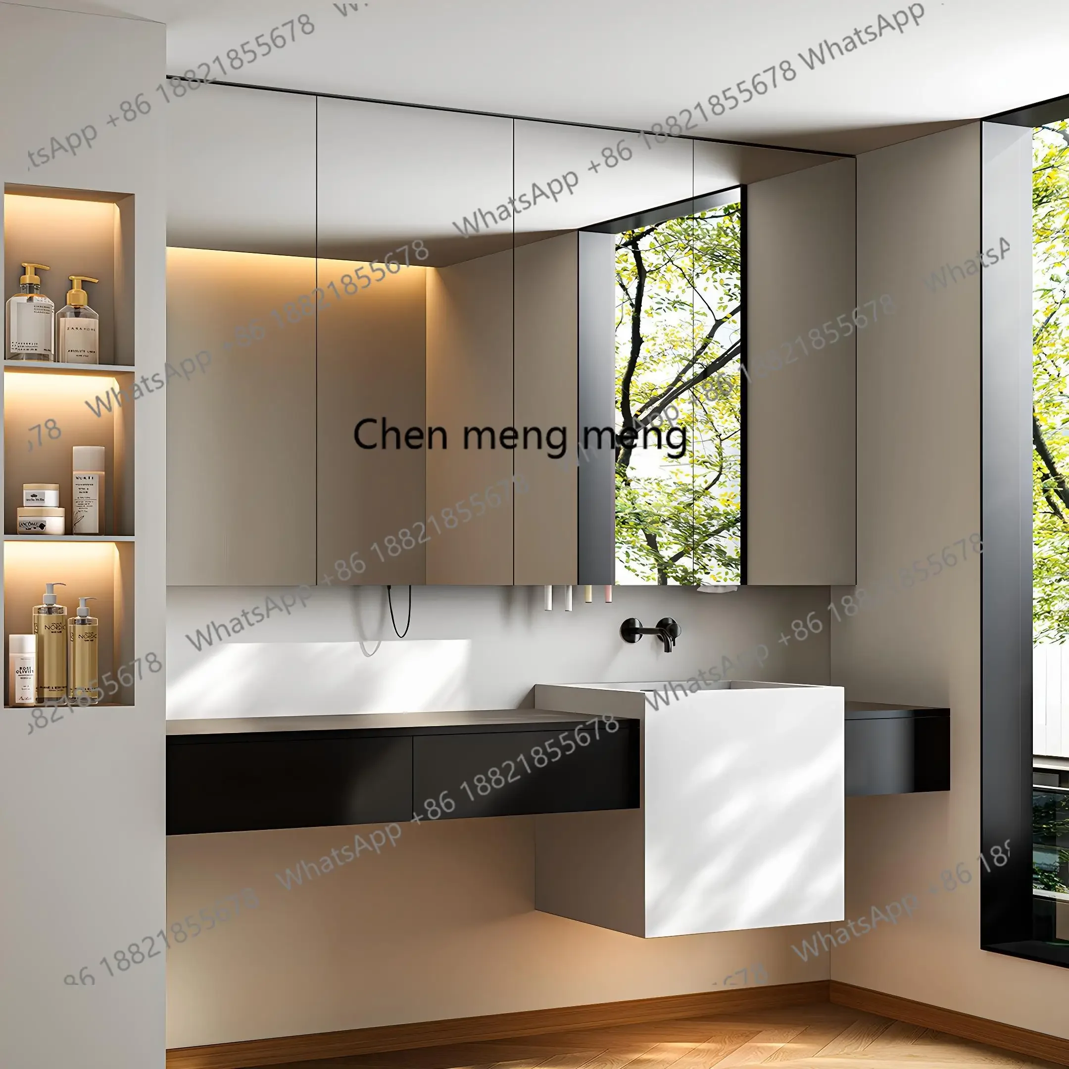 YL New slate integrated pedestal basin minimalist style rubber wood top plus height mirror cabinet combination