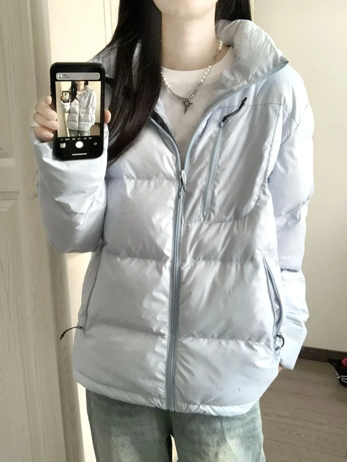 Light Blue Cotton Padded Jacket Women's Thick Warm Unique Beautiful Bread Style Coat Korean Loose Fit Long Sleeve Zipper Closure