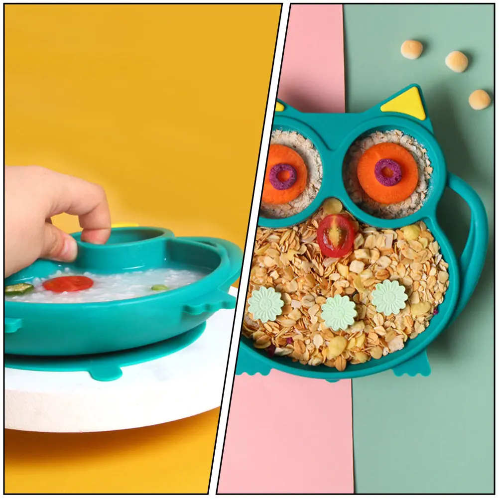 

1Pcs Children Silicone Toddler Plate Large Suction Cup Food Grade Silicone Safe Cartoon Owl Pattern Baby Feeding Divided Plate