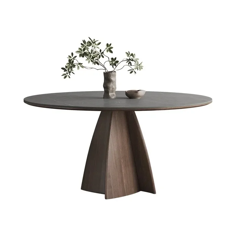 Italian solid wood dining table, round with turntable, new for home use, walnut-colored wabi-sandy matte rock slab round