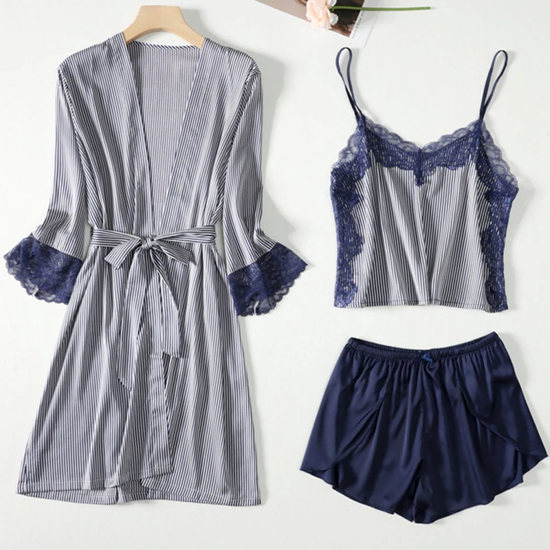 Women Loose Satin Homewear Sexy Lace Trim Stripe Bathrobe Strap Top&Shorts Pijamas Suit Summer Pajamas Sleepwear Three-Piece Set