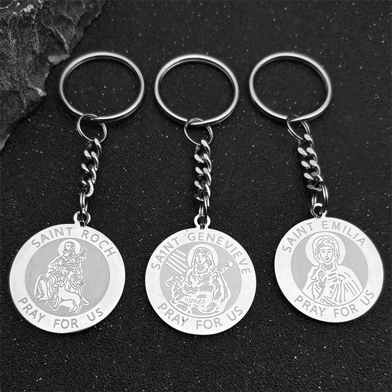Cathoic Saint Pray For Us Key Chain For Women Men Stainless Steel Silver Color Classic Bag Hanging Keyholder Jewelry Gifts