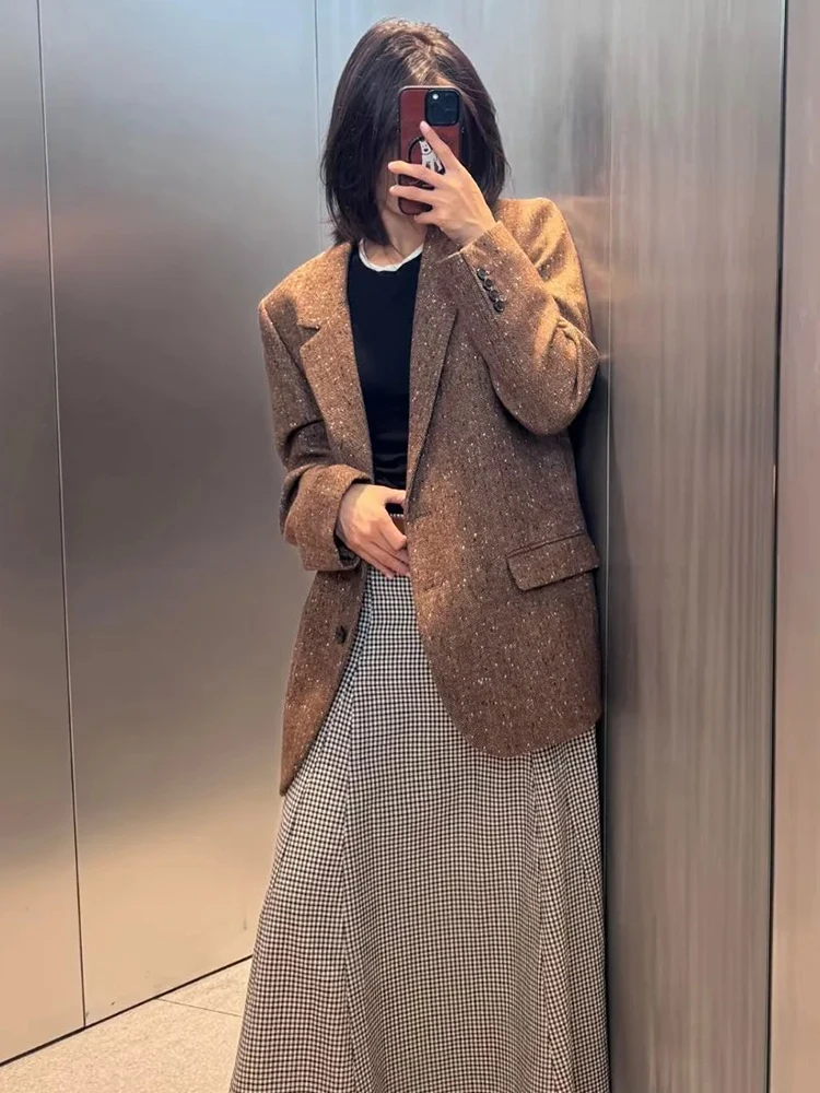 

Women New Winter Short Herringbone Pattern Style Blazer Retro Casual Solid Color Loose Single Breasted Woolen Suit Jacket