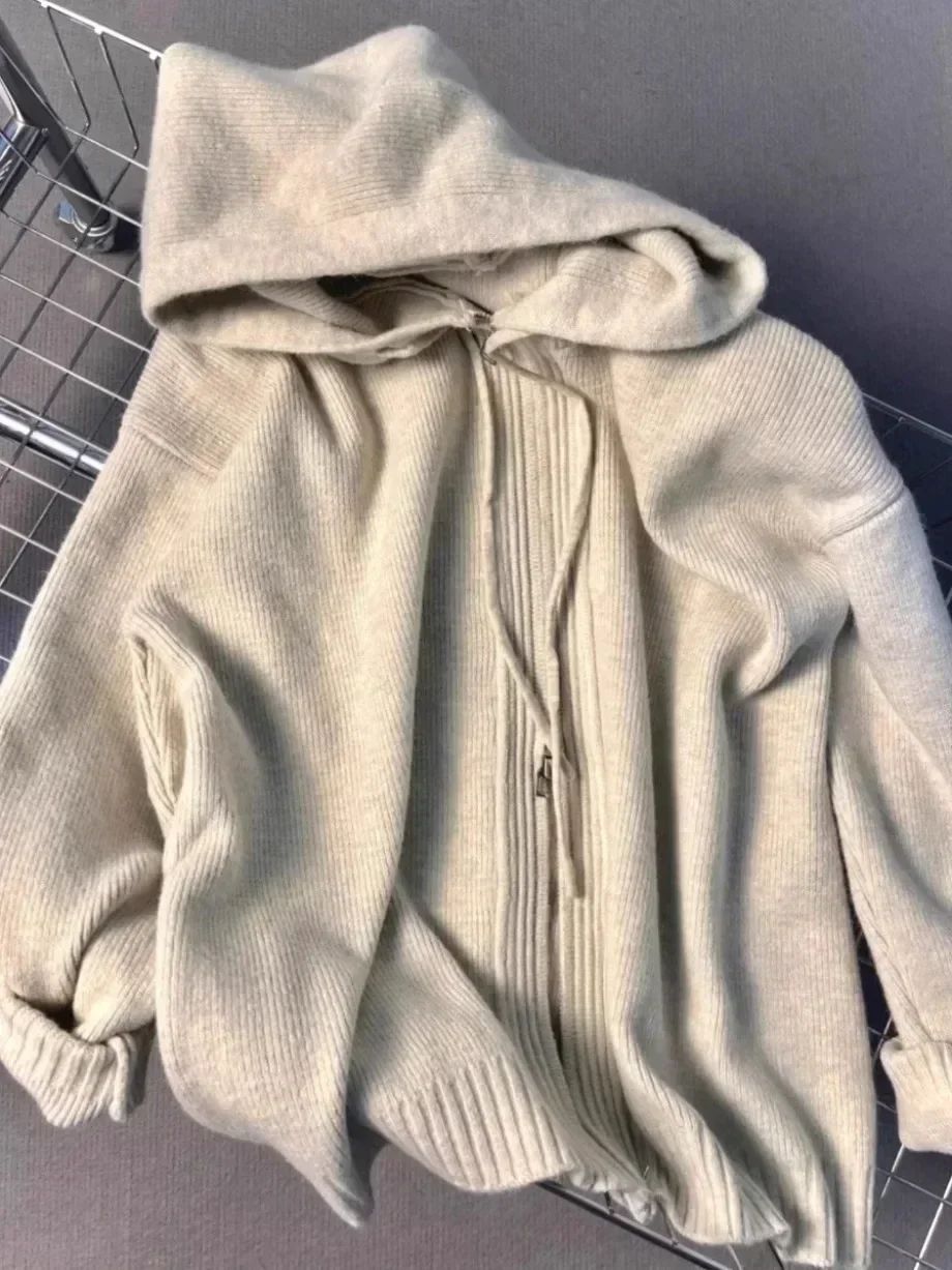 Gray Hooded Sweater Coat Autumn Winter Double Zipper Long Sleeve Loose Fashion Korean Soft Thickened Knitted Tops Coats