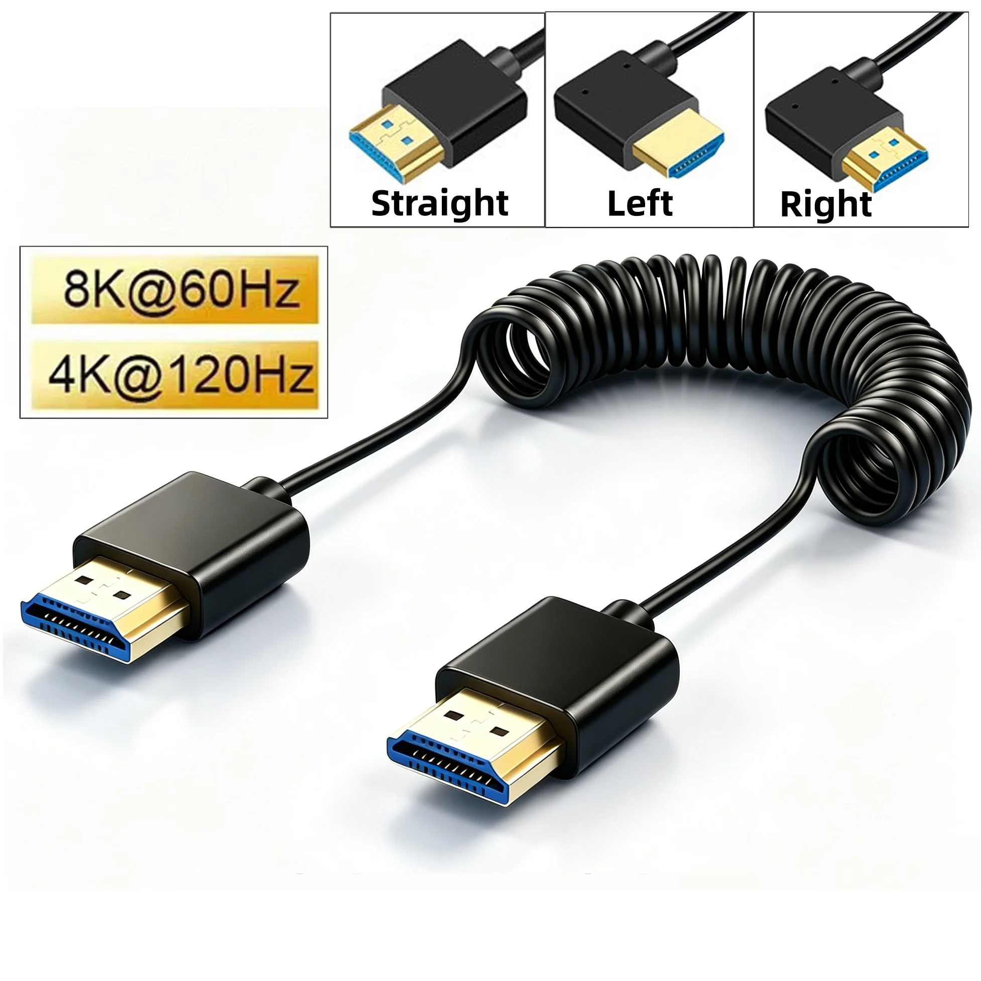 8K UHD 2.1 Coiled Spring Cable OD3.2mm Gold Plated HDTV Cord 8K@60Hz 4K@120Hz Straight Left Right Angle Optional for PC Monitor