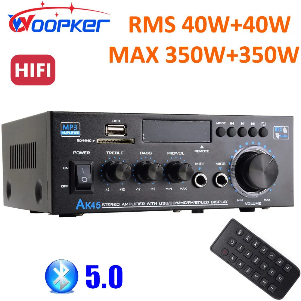 

Woopker Bluetooth Amplifier Channel 2.0 HiFi Digital Audio Amp Suitable for Home Speakers AK45 MAX 350W*2 Bass and Treble Contro