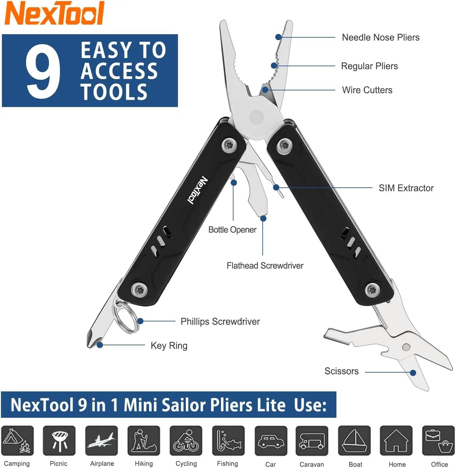 NexTool Mini Sailor Pliers Lite 9 In 1 Keychain Multitool Folding Scissors Screwdriver Bladeless EDC Outdoor Travel Multi Tools