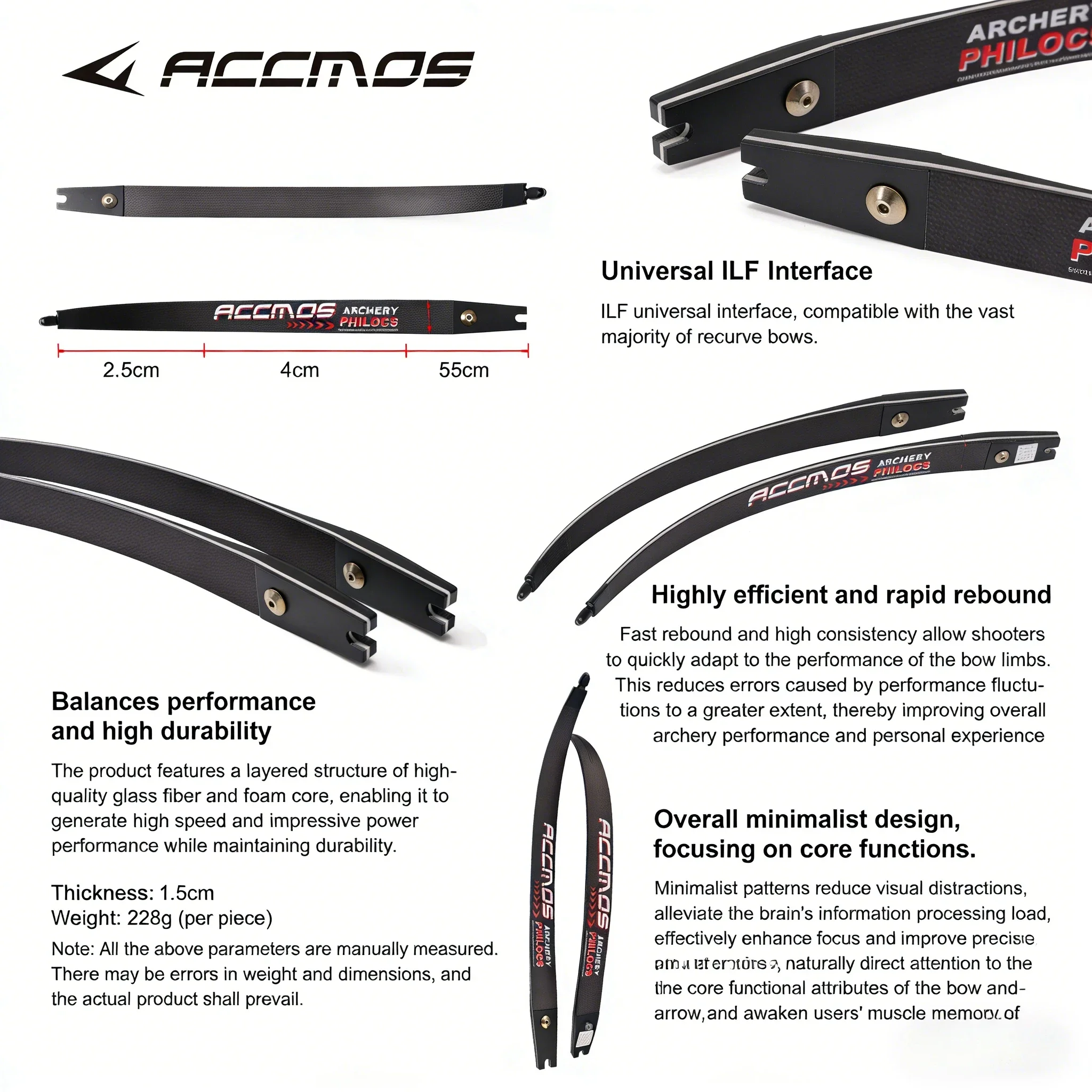 Moldura integrada de Meilie recurvo de hoja de carbono ACC, pieza de arco recurvo, pieza de arco de fibra de carbono, proceso CNC de interfaz General ILF