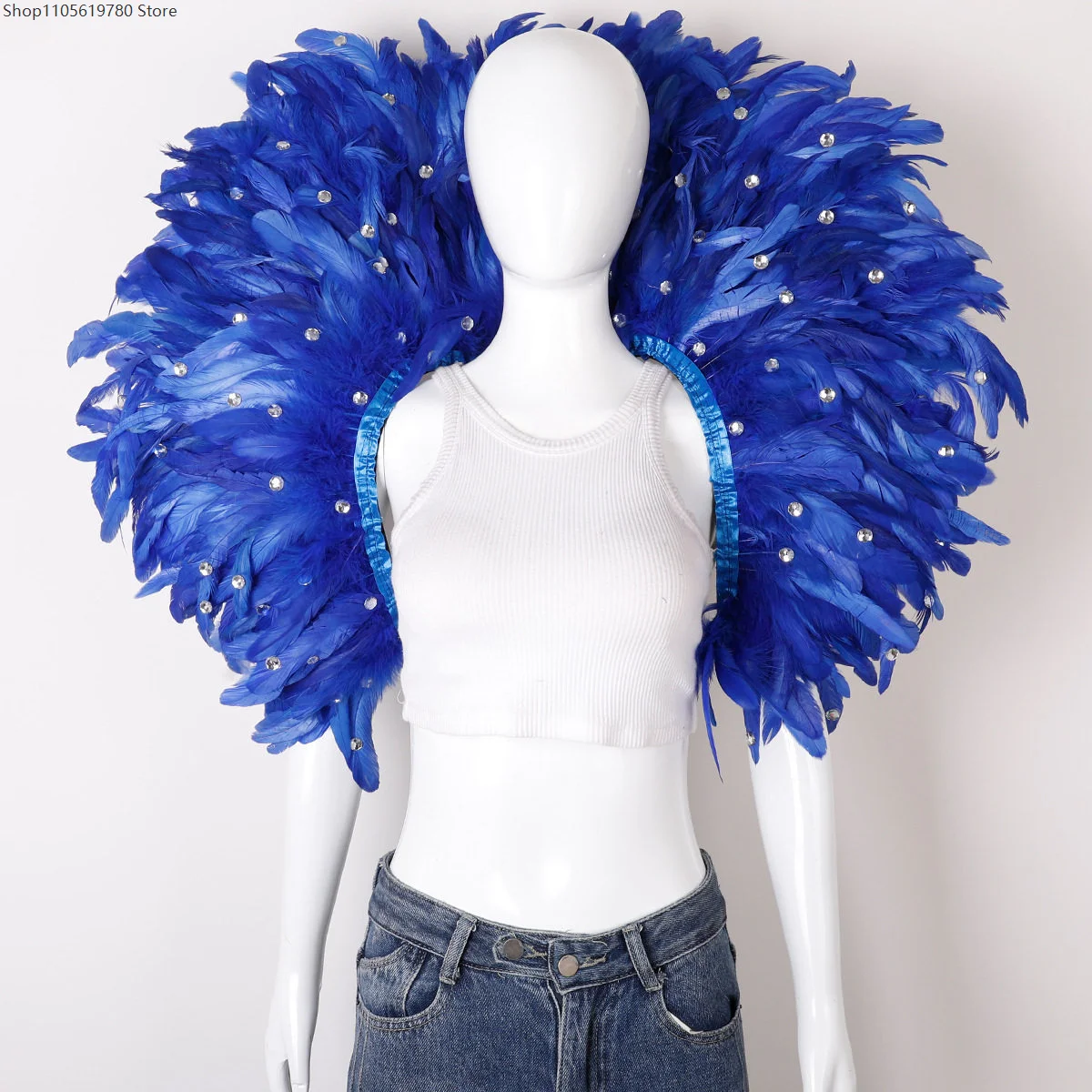 Women Glam Rhinestone‑Decor Oversized Feather Shoulder Shawl Cosplay Costume Accessory Halloween Holiday Carnival Masquerade