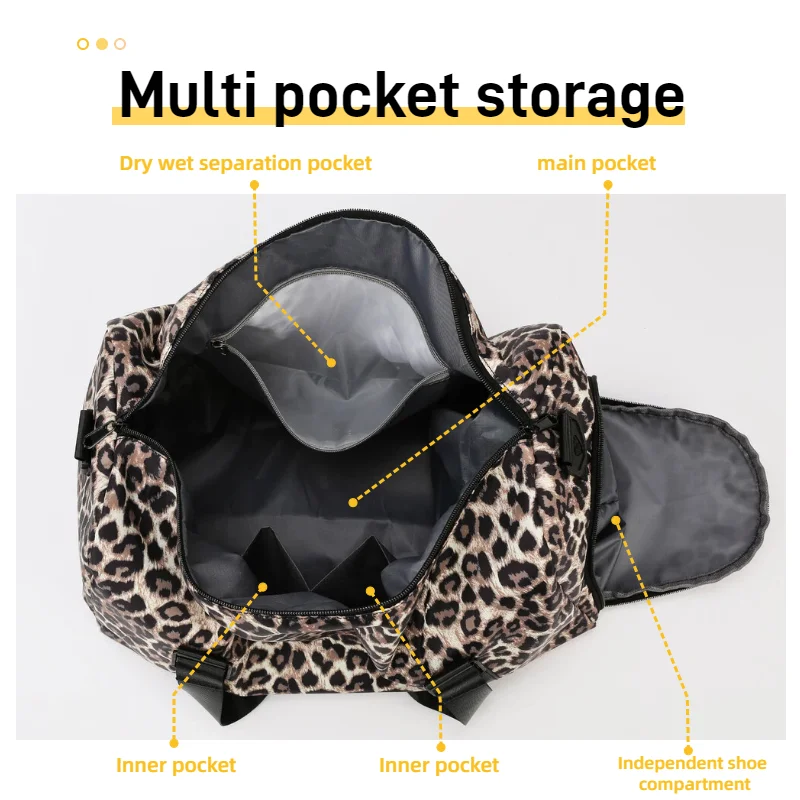 حقيبة رياضية ولياقة بدنية عصرية بطبعة جلد الفهد مع حجرة أحذية مستقلة، حقيبة سفر، حقيبة عطلة نهاية الأسبوع بين عشية وضحاها، حقيبة يوجا، إلخ