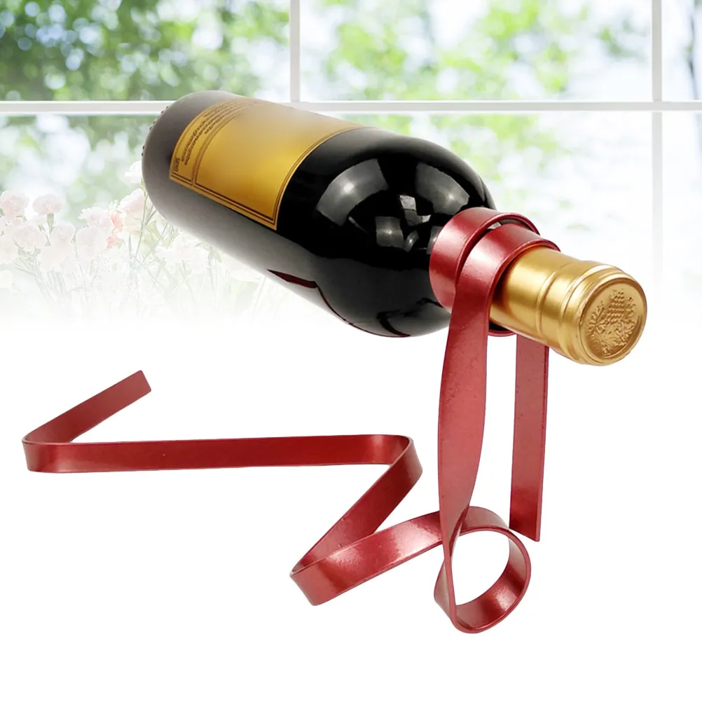 Iron Wine Bottle Holder Ribbon Red Suspension Wine Rack Bar Accessories Table Decoration Floating Balance Bracket