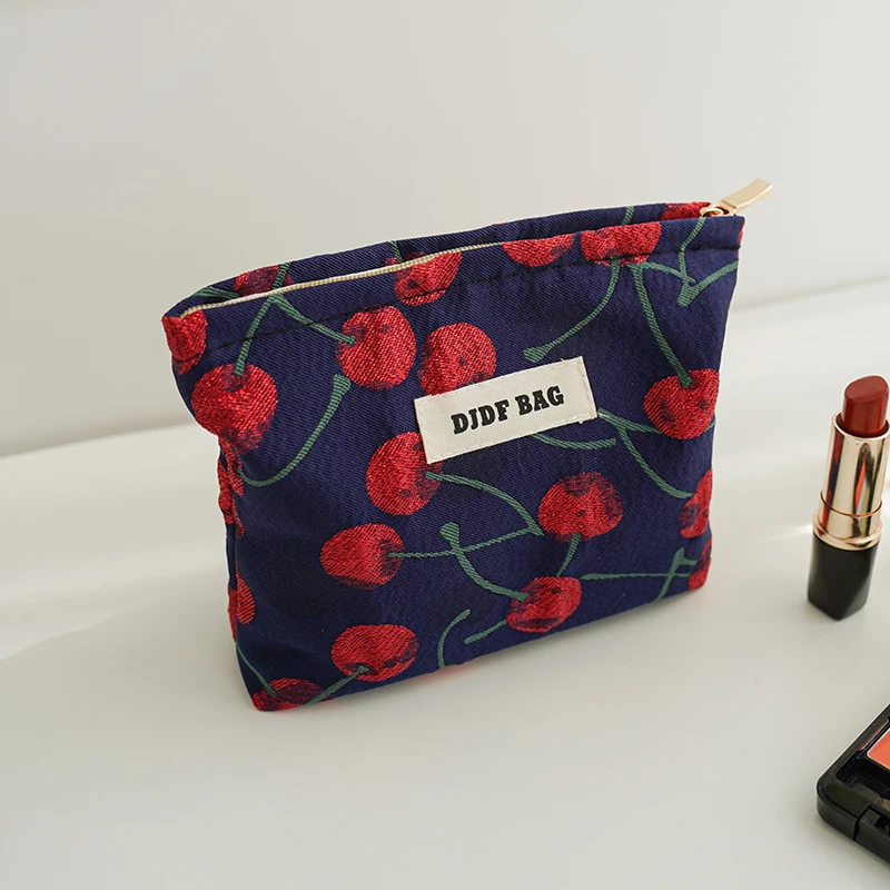 Red Cherry Women\'s Cosmetic Bag Small Item Storage Bag Portable Coin Purse Commuter Clutch Double Zipper Design Cloth Bag Ins