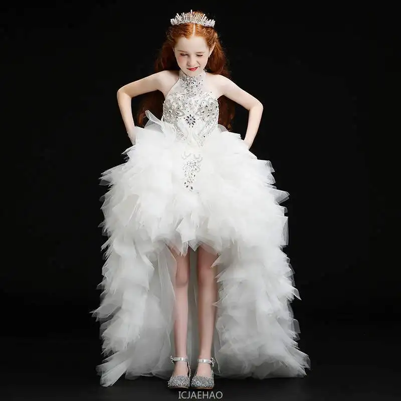 

Party Dress New Kids Evening Princess Gown Train Dreses CostumePerformance Birthday Outfit Children Halter Neck Pageant Piano